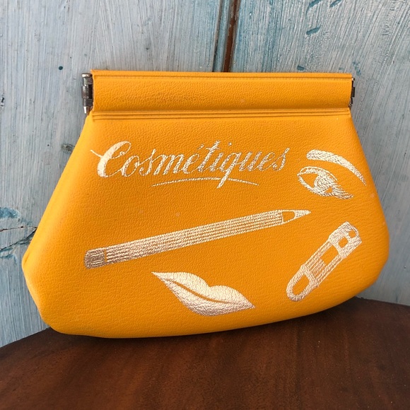 Vintage 1950’s “cosmetiques” mustard pouch for purse w/silver script & pictures - Picture 4 of 11